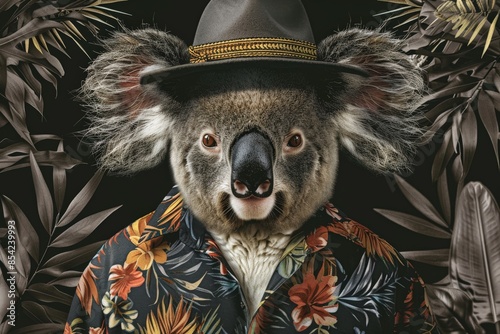 Koala wearing a hat and a shirt posing in a tropical forest photo