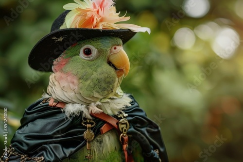 Green parrot wearing costume posing in nature photo