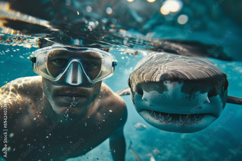 Naklejka premium Diver swimming near great white shark underwater