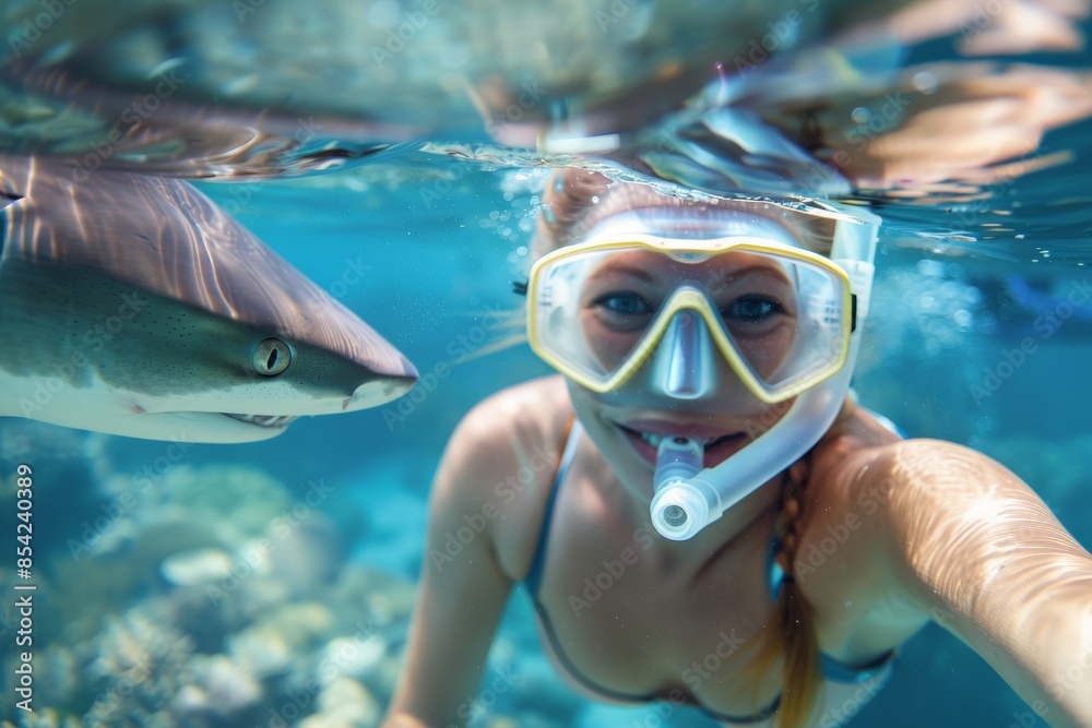 Fototapeta premium Young woman is snorkeling with a shark in a tropical sea