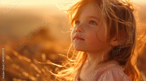 A little girl with blond surfer hair and a big smile is standing in a field, looking up at the sun. Her eyelashes catch the light like flash photography AIG50 © Summit Art Creations
