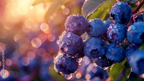 A close-up shot of ripe blueberries hanging on the bush, glistening with morning dew under the sunlight