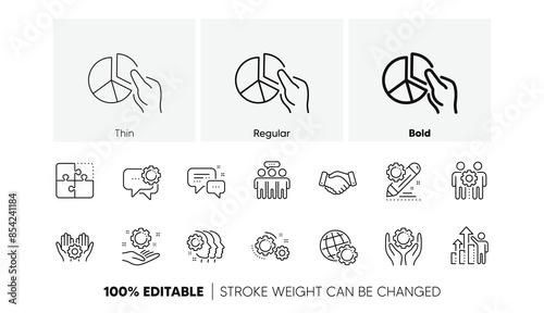 Business strategy, handshake and people collaboration. Employees benefits line icons. Teamwork, social responsibility, people relationship icons. Linear set. Line icons set. Vector