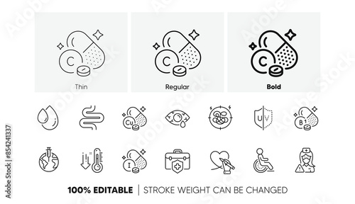 Disability, Copper mineral and Low thermometer line icons. Pack of Thiamine vitamin, Iodine mineral, Stress icon. Intestine, Conjunctivitis eye, Social care pictogram. Medical insurance. Vector