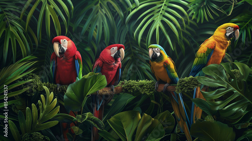 Bunte Papageien sitzen auf tropischen Ästen: Lebhaftes Gefieder kontrastiert mit sattem Grün der Blätter in exotischer Dschungelszene photo