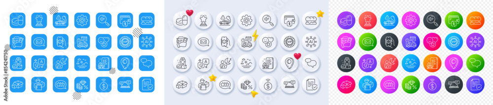 Medicine, Medical drugs and Certificate line icons. Square, Gradient, Pin 3d buttons. AI, QA and map pin icons. Pack of Wallet, Chat message, 3d app icon. Vector Medicine, Medical drugs and Certificate line icons. Square, Gradient, Pin 3d buttons. AI, QA and map pin icons. Pack of Wallet, Chat message, 3d app icon. Vector