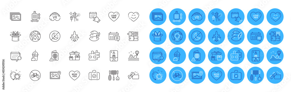 Travel calendar, Image gallery and Surprise boxes line icons pack. Pin, Hat-trick, Fireworks rocket web icon. Puzzle, Miss you, Photo location pictogram. Love her, Bicycle prohibited. Vector Travel calendar, Image gallery and Surprise boxes line icons pack. Pin, Hat-trick, Fireworks rocket web icon. Puzzle, Miss you, Photo location pictogram. Love her, Bicycle prohibited. Vector