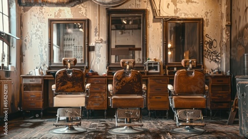 Empty hairdressing salon with three chairs in a row near the mirror