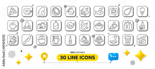 Mint bag, Coffee and Seafood line icons pack. 3d design elements. Coconut, Croissant, Chat bubble web icon. Water splash, Burger, Coffee cup pictogram. Whiskey glass, Pasta, Knife. Vector