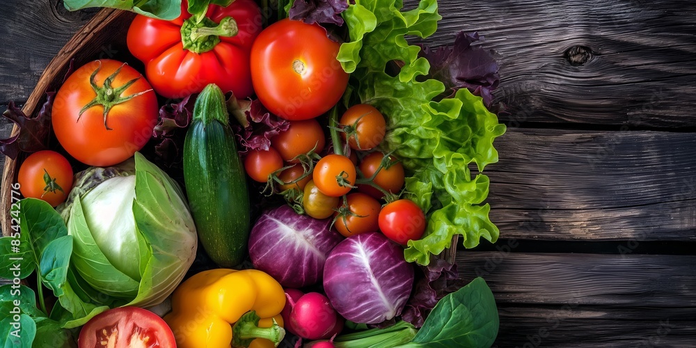 Vibrant and diverse array of fresh vegetables on a rustic wooden background, suggesting healthy eating Vibrant and diverse array of fresh vegetables on a rustic wooden background, suggesting healthy eating
