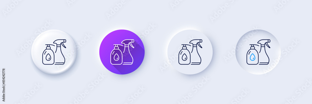 Cleaning liquids line icon. Neumorphic, Purple gradient, 3d pin buttons. Antiseptic spray sign. Washing symbol. Line icons. Neumorphic buttons with outline signs. Vector Cleaning liquids line icon. Neumorphic, Purple gradient, 3d pin buttons. Antiseptic spray sign. Washing symbol. Line icons. Neumorphic buttons with outline signs. Vector