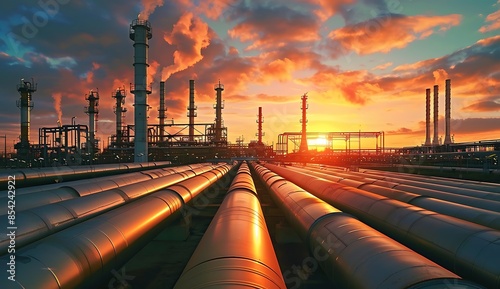 Oil and gas industry, oil factory with sunset sky background.