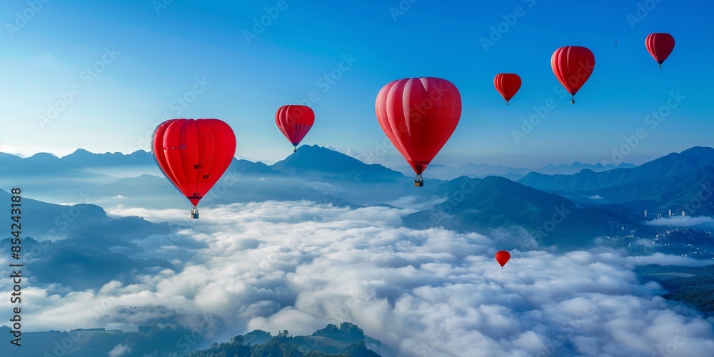 heart-shaped hot air balloons gracefully floating above a serene, cloud-covered mountainous landscape. The vibrant red balloons stand out against the clear blue sky