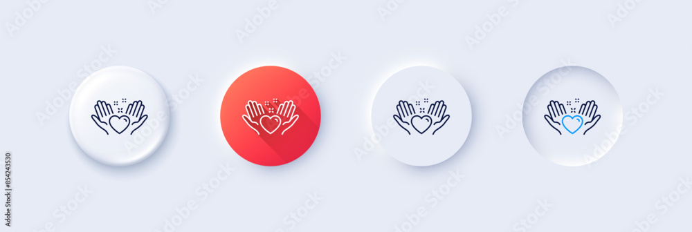 Hold heart line icon. Neumorphic, Red gradient, 3d pin buttons. Friends love sign. Friendship hand symbol. Line icons. Neumorphic buttons with outline signs. Vector Hold heart line icon. Neumorphic, Red gradient, 3d pin buttons. Friends love sign. Friendship hand symbol. Line icons. Neumorphic buttons with outline signs. Vector