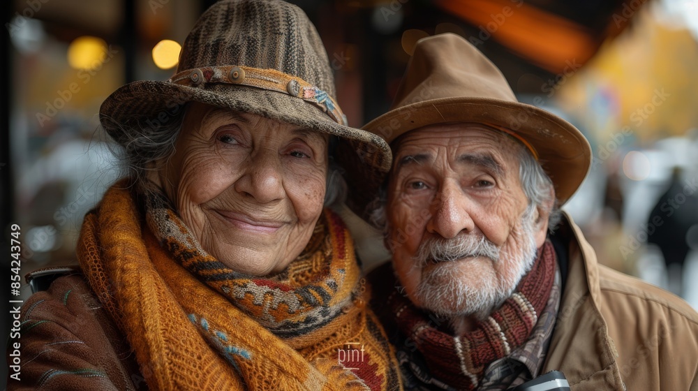 An elderly couple in autumn outfits posing affectionately against a cafe background An elderly couple in autumn outfits posing affectionately against a cafe background