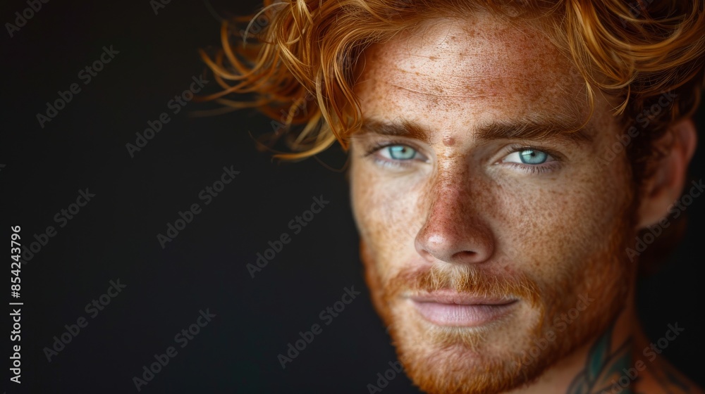 Fototapeta premium A high-resolution portrait showcasing a young man with unique red hair and piercing blue eyes, full of intensity and thought