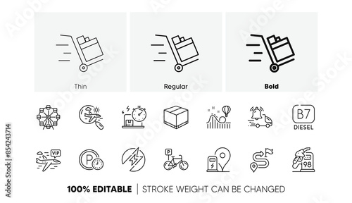 Delivery box, Journey and Delivery online line icons. Pack of Search flight, Parking time, Petrol station icon. Electric energy, Diesel, Roller coaster pictogram. Bicycle parking. Line icons. Vector © blankstock
