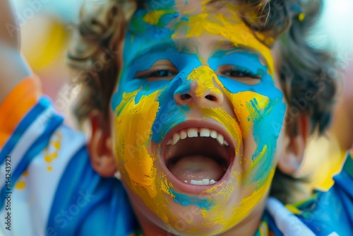 Young soccer fan with painted face cheering for favorite team photo