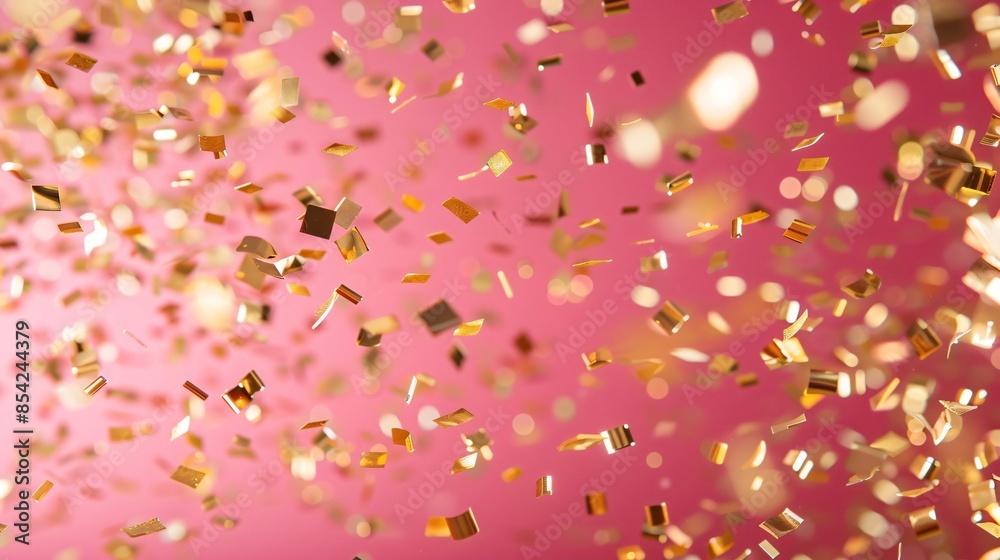Golden confetti on pink background. Flying sparkles. Festival and birthday party concept Golden confetti on pink background. Flying sparkles. Festival and birthday party concept