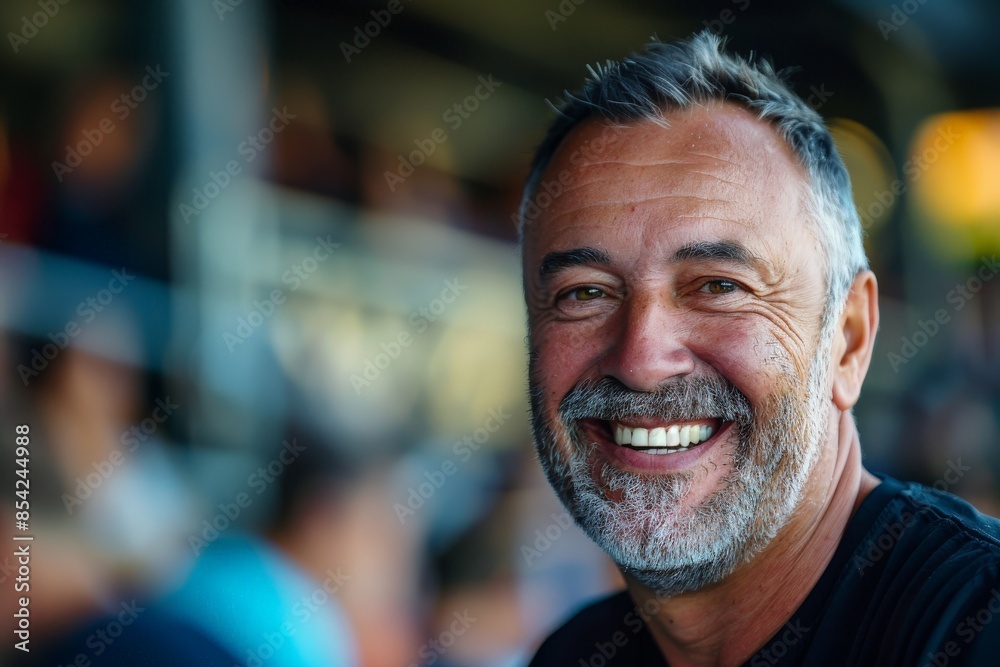 Happy mature man smiling at stadium event Happy mature man smiling at stadium event