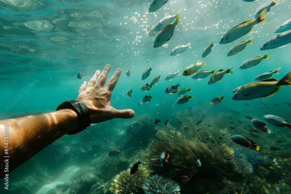 Obraz premium Diver reaching for a school of fish in the ocean depths