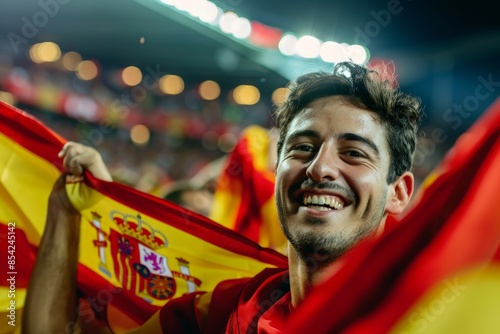 Young spanish sports fan celebrating with flag in a stadium crowd