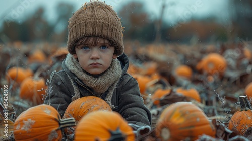 A young boy ponders amidst a field of pumpkins, capturing a moment of childhood contemplation