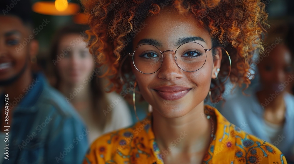 Radiant young woman with curly hair and glasses smiling at the camera, indoors Radiant young woman with curly hair and glasses smiling at the camera, indoors