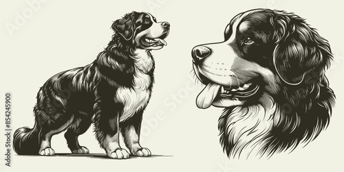 Bernese Mountain Dog illustration Set. Hand Drawn Pen and Ink. Vector Isolated in White. Engraving vintage style drawing for print, tattoo, t-shirt