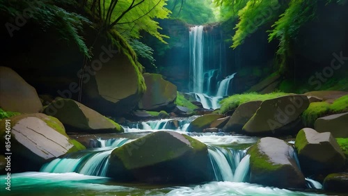 Waterfall and Stream Running over Rocks 4K features an A.I. Generated video of a waterfall coming over some rocks into a stream running toward the viewer with trees and rocks.