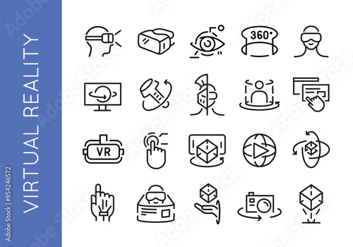 Virtual Reality icons. Set of 20 virtual reality trendy minimal icons. VR headset, AR goggles, 360 view, simulation icon. Design signs for web page, mobile app, packaging design. Vector illustration