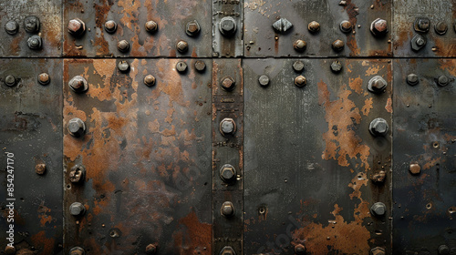 Old rusty metal wall, rust texture background, riveted grungy steel door or vintage iron sheet. Theme of plate, grunge, armor, template.