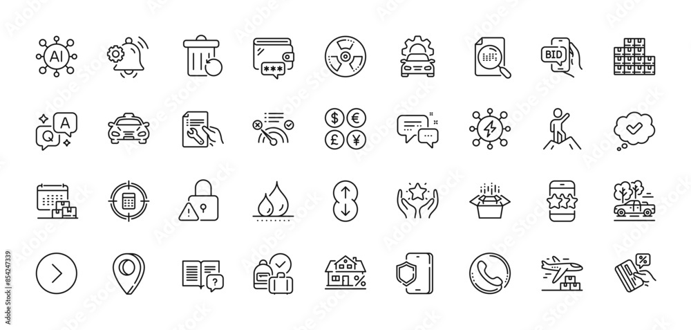 Lock, Wholesale inventory and Waterproof line icons pack. AI, Question and Answer, Map pin icons. Employees messenger, Credit card, Bid offer web icon. Forward, Leadership, Taxi pictogram. Vector Lock, Wholesale inventory and Waterproof line icons pack. AI, Question and Answer, Map pin icons. Employees messenger, Credit card, Bid offer web icon. Forward, Leadership, Taxi pictogram. Vector