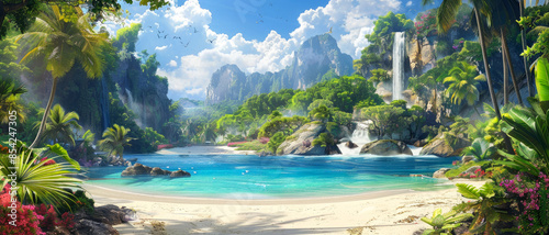 Paradise at wild tropical forest, scene with beautiful beach, green mountains and blue clean water in jungle. Theme of wilderness, sea, landscape, travel, waterfall, nature