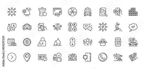 Lock, Wholesale inventory and Waterproof line icons pack. AI, Question and Answer, Map pin icons. Employees messenger, Credit card, Bid offer web icon. Forward, Leadership, Taxi pictogram. Vector