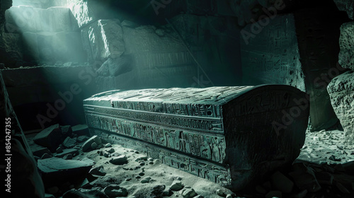 Ancient Egyptian tomb, old sarcophagus in dark stone underground room in Egypt. Theme of pharaoh, antique, mummy, grave and culture. photo