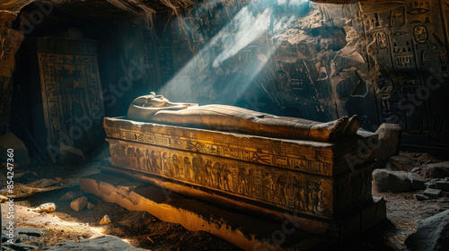 Ancient Egyptian tomb interior with rays of sunlight, old painted luxury sarcophagus in Egypt. Theme of pharaoh, antique, history, mummy, grave and culture