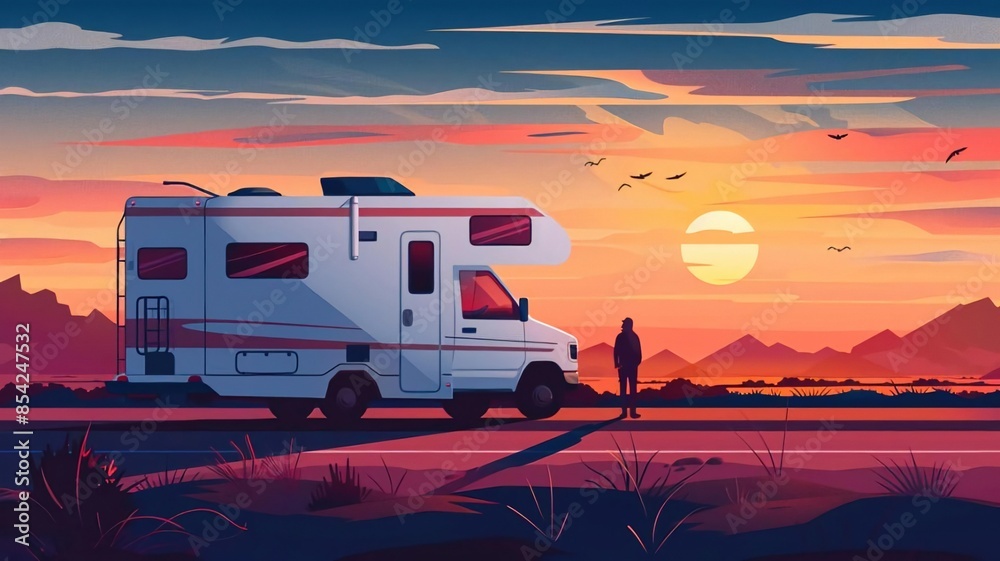 Freedom on the Open Road Illustration of a Motorhome Adventure in the Great Outdoors Embracing Nature and Sunsets Freedom on the Open Road Illustration of a Motorhome Adventure in the Great Outdoors Embracing Nature and Sunsets
