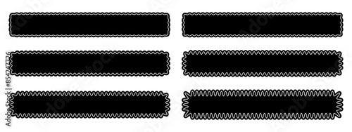 Set of long rectangle forms with wavy borders. Wiggly rectangular shapes. Empty text boxes or headlines, tags or labels isolated on white background. Vector graphic illustration.