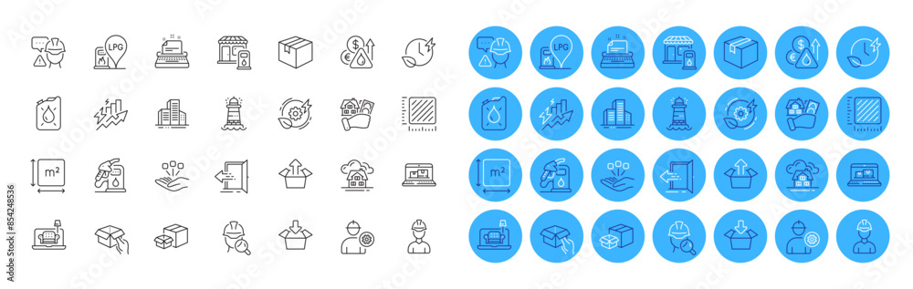 Foreman, Consumption growth and Builder warning line icons pack. Green energy, Lighthouse, Furniture web icon. Engineer, Parcel, Get box pictogram. Inspect, Packing boxes, Buildings. Vector Foreman, Consumption growth and Builder warning line icons pack. Green energy, Lighthouse, Furniture web icon. Engineer, Parcel, Get box pictogram. Inspect, Packing boxes, Buildings. Vector