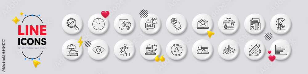 User info, Coal trolley and Promotion bell line icons. White buttons 3d icons. Pack of Time, Delivery insurance, Online education icon. Credit card, Car insurance, Horizontal chart pictogram. Vector User info, Coal trolley and Promotion bell line icons. White buttons 3d icons. Pack of Time, Delivery insurance, Online education icon. Credit card, Car insurance, Horizontal chart pictogram. Vector