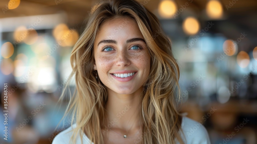 Close-up of a smiling woman with striking blue eyes in a daytime setting Close-up of a smiling woman with striking blue eyes in a daytime setting