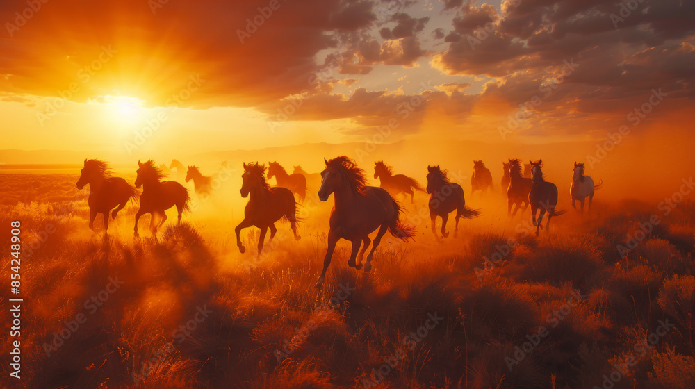 Fototapeta premium A herd of wild horses runs across a field at sunset, creating a dramatic and dynamic scene of freedom and nature.
