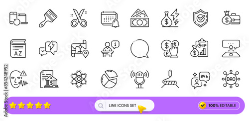 Interview job, Voice wave and Brush line icons for web app. Pack of Dao, Report, Notification pictogram icons. Money currency, Paint roller, Bank document signs. Scissors, Podium, Vocabulary. Vector