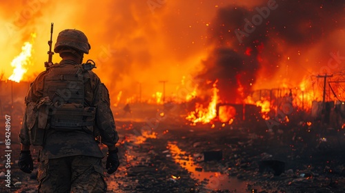 A gripping image of a soldier gazing upon a city consumed by flames, symbolizing war and turmoil © svastix