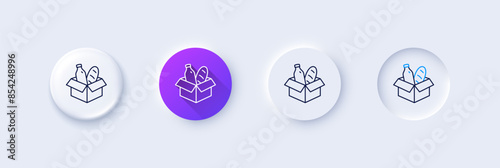 Food donation line icon. Neumorphic, Purple gradient, 3d pin buttons. Charity box sign. Charitable organization symbol. Line icons. Neumorphic buttons with outline signs. Vector