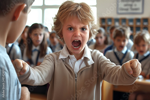 students being punished for bad behavio, a young boy who appears to be very angry. His eyebrows are furrowed, his mouth is tight, and he has his hand against his ear. photo