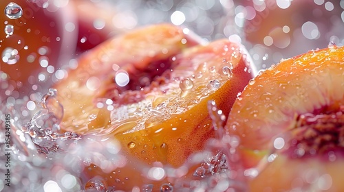 The image captures the vibrant colors and textures of fresh peaches amidst sparkling water droplets, highlighting their juiciness photo