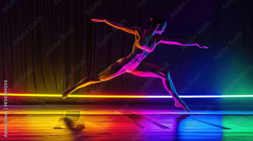 A graceful dancer performing a leap under vibrant, colorful stage lights, showcasing strength and elegance in motion. A graceful dancer performing a leap under vibrant, colorful stage lights, showcasing strength and elegance in motion.