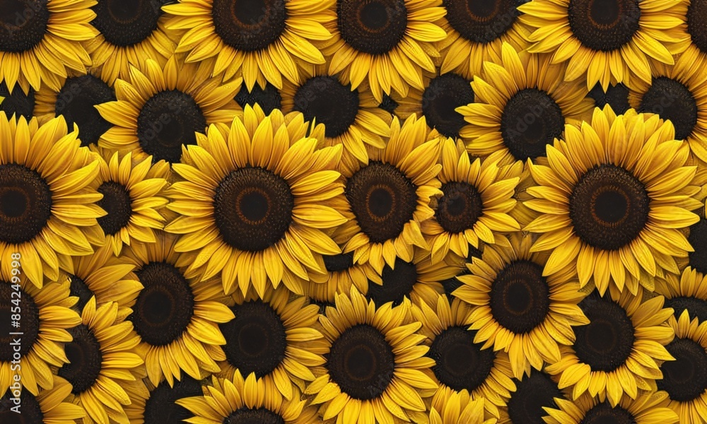 Fototapeta premium Backdrop with numerous yellow sunflowers forming a patterned wallpaper.